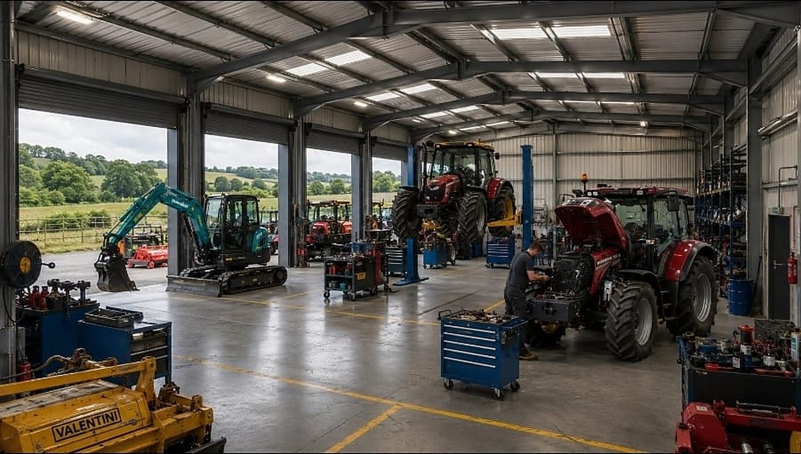 Tractors on lifts being assembled and inspected in our workshop